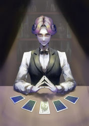 Rule 34 | 1boy, absurdres, black bow, black bowtie, blue eyes, bottle, bow, bowtie, bright pupils, card, closed mouth, dated, fate/grand order, fate (series), highres, indoors, isaac bou, joker (playing card), looking at viewer, male focus, mephistopheles (fate), mephistopheles (the sun and gold gamblers) (fate), pale skin, pixiv fate/grand order contest 2, playing card, purple hair, shirt, smile, solo, steepled fingers, table, upper body, vest, white shirt