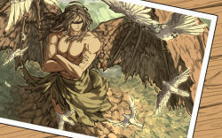 Rule 34 | 1boy, animal, bad id, bad pixiv id, bird, blindfold, brown hair, collarbone, crossed arms, demon wings, dove, elona, from above, harusame (rueken), long hair, male focus, muscular, opatos of earth, topless male, solo, tagging in progress, wings