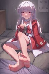 Rule 34 | 1girl, absurdres, bare shoulders, barefoot, choker, clara (honkai: star rail), collarbone, feet, highres, honkai: star rail, honkai (series), indoors, jacket, legs, long hair, long sleeves, looking at viewer, open mouth, pink eyes, red jacket, sitting, soles, solo, taichi suzuki, thigh strap, toes, white choker, white hair