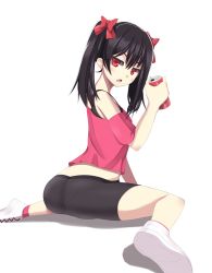 Rule 34 | 10s, 1girl, ass, bike shorts, black hair, bow, can, drink can, hair bow, highres, love live!, love live! school idol project, off shoulder, panties, pantylines, ponkotsu (ayarosu), red eyes, red shirt, shirt, soda can, solo, t-shirt, transparent background, twintails, underwear, yazawa nico