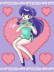 Rule 34 | 1girl, blush, breasts, character name, comcom9909, happy, heart, heart hands, highres, invisible chair, medium breasts, open mouth, purple background, purple hair, ranma 1/2, retro artstyle, shampoo (ranma 1/2), signature, sitting, solo, takahashi rumiko (style)