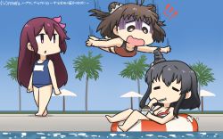 Rule 34 | !, !!, 3girls, ahoge, beach umbrella, bikini, black hair, blue one-piece swimsuit, blue sky, brown bikini, brown eyes, brown hair, commentary request, dated, day, double bun, eating, floating, food, gradient sky, hair bun, hair ornament, hamu koutarou, highres, innertube, kantai collection, kisaragi (kancolle), long hair, multiple girls, naka (kancolle), name tag, one-piece swimsuit, open mouth, outdoors, palm tree, pool, poolside, red eyes, school swimsuit, shaded face, shaved ice, short hair, sky, spoon, swim ring, swimsuit, tree, umbrella, water, white bikini, yamashiro (kancolle)