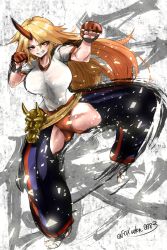 Rule 34 | 1girl, blonde hair, breasts, buruma, chaps, clenched hands, clenched teeth, fox udon, full body, gym shirt, highres, horns, hoshiguma yuugi, kicking, large breasts, long hair, looking at viewer, red eyes, shirt, short sleeves, single horn, smile, solo, standing, standing on one leg, teeth, thighs, touhou, twitter username, very long hair