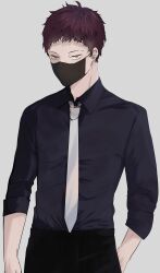 Rule 34 | 1boy, absurdres, black pants, black shirt, boku no hero academia, brown hair, chacoma, collared shirt, ear piercing, highres, male focus, mask, mouth mask, necktie, overhaul (boku no hero academia), pants, piercing, shirt, short hair, solo, surgical mask, very short hair, white necktie, yellow eyes