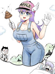 Rule 34 | 1boy, 1girl, aged up, black hair, black necktie, blue eyes, blue overalls, breasts, bug, censored, cleavage, cloud, commentary request, dr. slump, dreaming, fly, glasses, gloves, highres, insect, large breasts, mosaic censoring, necktie, norimaki arale, nose bubble, obotchaman, overalls, poop on a stick, purple hair, sleeping, suspenders, thought bubble, waving, white gloves, winged hat, y.ssanoha