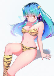 1girl :/ absurdres animal_print arm_support bikini black_hair blue_hair boots breasts cleavage commentary cone_horns electricity feet_out_of_frame floating_hair green_hair hair_between_eyes highres horns itou_kazuki knee_boots large_breasts long_hair looking_at_viewer lum multicolored_hair navel oni orange_eyes pointy_ears print_bikini print_footwear purple_hair shadow signature simple_background sitting solo strapless strapless_bikini swimsuit tiger_print urusei_yatsura white_background yellow_bikini yellow_footwear yellow_horns