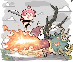Rule 34 | 1boy, 1girl, ahoge, axe, bar censor, breath weapon, breathing fire, censored, chibi, closed eyes, completely nude, dragon, dragon horns, elden ring, extra arms, fire, godrick the grafted, grey sky, holding, holding sword, holding weapon, hololive, horns, jumping, koritama, long hair, navel, nude, open mouth, pink hair, sakura miko, sky, sword, virtual youtuber, weapon, white hair