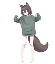 Rule 34 | 1girl, absurdres, animal ear fluff, animal ears, bare legs, barefoot, brown hair, ellu, green sweater, grin, highres, long sleeves, looking at viewer, no pants, original, red eyes, short hair, simple background, smile, sweater, tail, white background