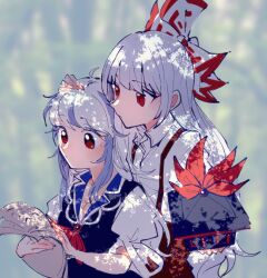 Rule 34 | 2girls, ahoge, arm up, backlighting, blue hair, blunt bangs, blurry, blurry background, bow, closed mouth, collared shirt, dappled sunlight, depth of field, expressionless, from side, fujiwara no mokou, hair bow, half updo, hand on another&#039;s head, hand up, hands up, hat, unworn hat, unworn headwear, height difference, holding, holding clothes, holding hat, holding paper, itomugi-kun, kamishirasawa keine, light blue hair, long hair, looking at another, looking down, multicolored hair, multiple girls, neckerchief, outdoors, paper, puffy short sleeves, puffy sleeves, red eyes, red neckerchief, shade, shirt, short sleeves, streaked hair, sunlight, suspenders, swept bangs, tokin hat, touhou, upper body, white bow, white hair, white shirt, wing collar