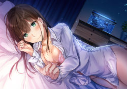 Rule 34 | 1girl, blush, breasts, brown hair, cleavage, curtains, dutch angle, fish tank, green eyes, highres, indoors, labsukekiyo, long hair, looking at viewer, lying, medium breasts, official art, on bed, on side, pajamas, plant, pointing, pointing at viewer, potted plant, smile, solo
