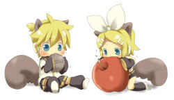 Rule 34 | 1boy, 1girl, animal ears, apple, bad id, bad pixiv id, blush, brother and sister, chibi, eating, food, fruit, kagamine len, kagamine rin, maruki (punchiki), siblings, squirrel ears, squirrel tail, tail, twins, vocaloid