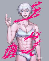 Rule 34 | 1boy, absurdres, blue eyes, bra, bulge, crossdressing, fangs, gojou satoru, hand up, highres, jujutsu kaisen, male focus, nyungsep, open mouth, panties, pectoral cleavage, pectorals, short hair, smile, solo, toned, toned male, tongue, tongue out, underwear, upper body, white hair