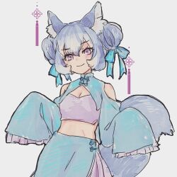 Rule 34 | 1girl, animal ear fluff, animal ears, blue hair, china dress, chinese clothes, dire wolf (kemono friends), dress, extra ears, grey background, highres, kemono friends, kemono friends v project, long hair, looking at viewer, pom384347, purple eyes, ribbon, simple background, solo, tail, twintails, virtual youtuber, wolf ears, wolf girl, wolf tail