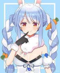 Rule 34 | 1girl, absurdres, animal ear fluff, animal ears, black gloves, blue background, blue hair, braid, breasts, carrot hair ornament, cleavage, closed mouth, don-chan (usada pekora), food-themed hair ornament, fur-trimmed gloves, fur trim, gloves, hair ornament, highres, hololive, index finger raised, long hair, looking at viewer, rabbit-shaped pupils, rabbit ears, red eyes, sanshochirimen, short eyebrows, smile, symbol-shaped pupils, twin braids, twintails, upper body, usada pekora, usada pekora (1st costume), virtual youtuber, white hair