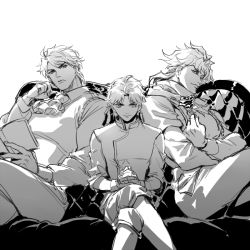 Rule 34 | 3boys, aged down, ascot, birthmark, book, buttons, child, dio brando, double-breasted, greyscale, h28, jojo no kimyou na bouken, male focus, monochrome, multiple boys, aged up, phantom blood, reading, sitting, suspenders, sweater vest, vampire