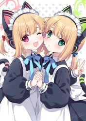 Rule 34 | 2girls, ;d, animal ear headphones, animal ears, apron, blonde hair, blue archive, blue ribbon, bow, cat ear headphones, cat tail, collared shirt, commentary, fake animal ears, fake tail, green halo, hair bow, halo, headphones, holding hands, hug, interlocked fingers, long sleeves, looking at viewer, maid, maid apron, maid headdress, midori (blue archive), midori (maid) (blue archive), momoi (blue archive), momoi (maid) (blue archive), multiple girls, neck ribbon, one eye closed, open mouth, pink halo, polka dot, polka dot background, ribbon, saeki hokuto, shirt, short hair, siblings, sisters, smile, tail, twins, upper body, v, white apron