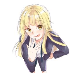 Rule 34 | 1girl, :d, bang dream!, blonde hair, blue neckwear, capri pants, formal, hand on own hip, hand to own mouth, highres, leaning forward, long hair, long sleeves, looking at viewer, necktie, open mouth, pants, shirt, simple background, sketch, smile, solo, succhii (pikaru), suit, tsurumaki kokoro, undone necktie, white background, white shirt, yellow eyes