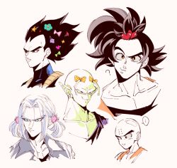 Rule 34 | ..., 5boys, ?, alternate hairstyle, antennae, bad id, bad pixiv id, bald, black shirt, blue eyes, blue flower, close-up, confused, dragon ball, dragonball z, expressionless, eyelashes, father and son, flower, frown, green ribbon, grin, hair ornament, hair ribbon, hairclip, heart, jacket, kuririn, looking away, looking down, male focus, multiple boys, onkywi, piccolo, pink ribbon, pointy ears, polka dot, polka dot ribbon, purple flower, purple hair, ribbon, shirt, simple background, smile, son goku, speech bubble, star (symbol), trunks (dragon ball), trunks (future) (dragon ball), twintails, upper body, vegeta, white background, yellow ribbon
