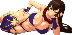 Rule 34 | 1girl, bare shoulders, bead necklace, beads, bikini, bra, breasts, brown eyes, brown hair, cleavage, collarbone, detached sleeves, fate/grand order, fate (series), hand on own face, hand on own hip, huge breasts, jewelry, large breasts, laying on ground, long hair, necklace, noiimad, panties, purple bra, sandals, simple background, swimsuit, underwear, white background, xuangzang sanzang (fate)