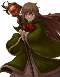Rule 34 | 1girl, blush, bow, brown eyes, brown hair, closed mouth, fantasy, green robe, hair between eyes, highres, holding, holding staff, long hair, long sleeves, original, red bow, robe, siena (moratoriummaga), simple background, solo, staff, white background, wide sleeves
