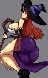 Rule 34 | 1girl, ass, black footwear, breasts, brown hair, curvy, d-ryuu, detached sleeves, dragon&#039;s crown, dress, elbow gloves, gloves, hat, holding, holding clothes, holding hat, large breasts, lips, long hair, orange eyes, purple dress, shoes, sorceress (dragon&#039;s crown), staff, thighs, twitter username, witch hat