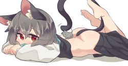 Rule 34 | 1girl, animal ear fluff, animal ears, ass, barefoot, blush, commentary request, full body, grey hair, grey skirt, grey vest, hair between eyes, highres, long sleeves, looking at viewer, lying, mouse (animal), mouse ears, mouse girl, mouse tail, nazrin, no panties, on stomach, red eyes, shirt, short hair, simple background, skirt, skirt set, solo, tail, the pose, touhou, vest, white background, white shirt, yayuyoyayuyo