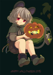 Rule 34 | 1girl, :3, alternate costume, animal ears, basket, bishamonten&#039;s pagoda, capelet, grey hair, halloween, halloween costume, happy halloween, iris anemone, jack-o&#039;-lantern, mouse (animal), mouse ears, mouse tail, nazrin, red eyes, shirt, shorts, solo, tail, touhou