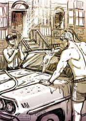 Rule 34 | 2boys, bad id, bad tumblr id, bara, baseball cap, black hair, blonde hair, brown theme, car, chest hair, couple, cris art, feet out of frame, from behind, hat, holding, holding hose, hose, hulkling, male focus, marvel, motor vehicle, multiple boys, navel hair, pectorals, short hair, shorts, sideburns, smile, sponge, standing, thick eyebrows, toned, toned male, topless male, vehicle request, washing, washing vehicle, wet, wiccan, yaoi