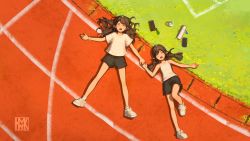 Rule 34 | 2girls, absurdres, black shorts, braid, brown hair, closed eyes, exhausted, grass, gym uniform, heavy breathing, highres, holding hands, horns, hua ming wink, long hair, lying, messy hair, multiple girls, on back, open mouth, original, outdoors, pointy ears, running track, shirt, shoes, shorts, single horn, sneakers, sweat, sweatdrop, tank top, twin braids, white shirt, white tank top