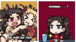 Rule 34 | !, &gt; &lt;, 3girls, ?, artist request, black hair, blonde hair, blue eyes, bow, brown hair, cup, english text, ereshkigal (fate), fate/grand order, fate/stay night, fate (series), hair bow, hair ornament, ishtar (fate), long hair, meme, multiple girls, open mouth, pointing, red eyes, siblings, sisters, sitting, source request, sparkle, sweatdrop, table, tears, tohsaka rin, tray, twintails, woman yelling at cat (meme)
