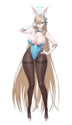 Rule 34 | 1girl, absurdres, animal ears, aqua leotard, asuna (blue archive), asuna (bunny) (blue archive), bare shoulders, blue archive, blue bow, blue bowtie, blue eyes, blue leotard, bottomless, bow, bowtie, breasts, brown pantyhose, cleavage, curvy, detached collar, elbow gloves, fake animal ears, full body, gloves, grin, hair over one eye, halo, hand on own hip, high heels, highleg, highleg leotard, highres, kou (kokounene), large breasts, leotard, light brown hair, long hair, looking at viewer, mole, mole on breast, official alternate costume, pantyhose, playboy bunny, rabbit ears, simple background, smile, solo, standing, strapless, strapless leotard, swept bangs, traditional bowtie, v over eye, very long hair, white background, white footwear, wide hips