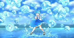 Rule 34 | 1girl, arms up, black footwear, blue dress, blue eyes, blue sky, blurry, bokeh, bow, bright pupils, cirno, cloud, danmaku, day, depth of field, dress, dress grab, glint, hair bow, hand on own chest, highres, ice, lake, mountain, open hand, open mouth, outdoors, outstretched hand, perfect freeze, pinafore dress, puffy short sleeves, puffy sleeves, red ribbon, ribbon, shirt, short sleeves, sky, sleeveless dress, solo, standing, teeth, torn clothes, touhou, untied, upper teeth only, white legwear, white pupils, white shirt, wide shot, wind, wind lift, wings, yaaben