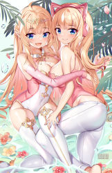 Rule 34 | 2girls, :d, ahoge, animal ear headphones, animal ears, aria taisa, artist name, ass, bare shoulders, blonde hair, blue eyes, braid, breast press, breasts, camisole, cat ear headphones, cat ears, character request, cleavage, closed mouth, commentary, covered navel, detached sleeves, english commentary, fake animal ears, hand in another&#039;s hair, headphones, headpiece, highres, indie virtual youtuber, leotard, long hair, long sleeves, looking at viewer, medium breasts, mole, mole on breast, multiple girls, nail polish, open mouth, pants, petals, pink camisole, pink nails, pink sleeves, pointy ears, shallow water, sleeves past wrists, smile, squchan, symmetrical docking, thighhighs, very long hair, virtual youtuber, water, water drop, watermark, web address, white legwear, white leotard, white pants