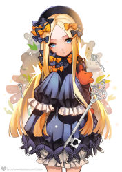 Rule 34 | 1girl, abigail williams (fate), black bow, black dress, black hat, blonde hair, blue eyes, bow, cowboy shot, dress, fate/grand order, fate (series), frilled dress, frilled shorts, frills, hair bow, hat, head tilt, highres, holding, holding stuffed toy, key, long hair, looking at viewer, orange bow, parted bangs, parted lips, polka dot, polka dot bow, short dress, shorts, shorts under dress, simple background, sleeves past wrists, solo, standing, stuffed animal, stuffed toy, teddy bear, very long hair, watermark, web address, white background, white shorts, xiaoxia
