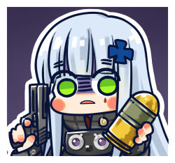Rule 34 | 1girl, black jacket, blunt bangs, blush stickers, chibi, chinese commentary, commentary request, cross, cross hair ornament, explosive, finger on trigger, frown, girls&#039; frontline, green eyes, grenade, grey hair, gun, hair ornament, hands up, highres, hk416 (girls&#039; frontline), holding, holding grenade, holding gun, holding weapon, iron cross, jacket, long hair, looking at viewer, official art, parted lips, purple background, shaded face, simple background, solo, su xiao jei, teardrop facial mark, upper body, very long hair, weapon