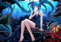 Rule 34 | 1girl, barefoot, blue eyes, blue hair, bubble, dress, feet, fish, floating hair, hand on own chest, hatsune miku, highres, long hair, matching hair/eyes, nail polish, rayxray, shinkai shoujo (vocaloid), sitting, solo, twintails, underwater, very long hair, vocaloid, wet, wet clothes