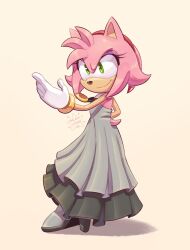 Rule 34 | 1girl, alternate costume, amy rose, animal ears, artist name, dress, full body, furry, furry female, galaxylover06, gloves, green eyes, grey dress, grey footwear, hairband, high heels, highres, long dress, pink fur, red hairband, simple background, sleeveless, sleeveless dress, smile, solo, sonic (series), tail, white background, white gloves