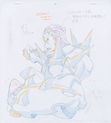 Rule 34 | 10s, 1boy, armor, armored dress, color trace, commentary, earrings, gamagoori ira, highres, jewelry, key frame, kill la kill, official art, partially colored, production art, promotional art, school uniform, shoulder pads, shoulder spikes, simple background, sketch, spikes, trigger (company), uniform, white background