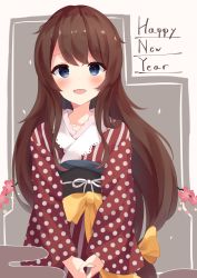 Rule 34 | 1girl, :d, absurdres, blue eyes, bow, brown hair, collarbone, egasumi, flower, grey background, happy new year, highres, japanese clothes, kimono, long hair, long sleeves, looking at viewer, low-tied long hair, mizu (lzzrwi603), new year, obi, open mouth, original, own hands together, polka dot, polka dot kimono, red flower, red kimono, sash, smile, solo, star (symbol), two-tone background, very long hair, white background, wide sleeves, yellow bow