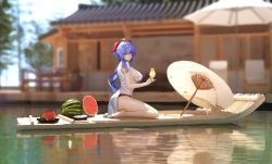 Rule 34 | absurdres, ahoge, alternate breast size, architecture, barefoot, bird, bird on hand, blue hair, blurry, boat, breasts, commentary request, day, depth of field, dress, east asian architecture, fish toucher, food, fruit, full body, ganyu (genshin impact), genshin impact, goat horns, highres, horns, large breasts, lips, long hair, looking to the side, low ponytail, outdoors, parted lips, pink lips, purple eyes, sideboob, sidelocks, sitting, skindentation, watercraft, watermelon, white dress