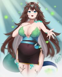 Rule 34 | :d, absurdres, branch, breasts, brown hair, cleavage, commentary, dated, dragon tail, english commentary, green background, green eyes, hand on own chest, highres, horns, indie virtual youtuber, large breasts, light rays, long hair, looking at viewer, natch imaycz, open mouth, scales, signature, smile, sugi aoki, tail, virtual youtuber