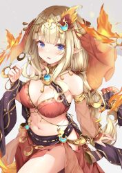 Rule 34 | 1girl, absurdres, armlet, bare shoulders, belly chain, bikini, blonde hair, blue eyes, blush, bracelet, bracer, braid, braided ponytail, breasts, brooch, circlet, cleavage, dancer, detached sleeves, elf, fire hair ornament, hair ornament, highres, jewelry, large breasts, long hair, looking at viewer, navel, neck ring, o-ring, official alternate costume, orange bikini, parted lips, pointy ears, princess connect!, rumiko (rmeco), saren (princess connect!), saren (sarasaria) (princess connect!), sarong, sidelocks, smile, solo, swimsuit, thighs