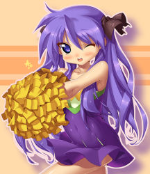 Rule 34 | 00s, 1girl, ;d, beige background, blush, breasts, cheering, cheerleader, cowboy shot, dancing, dress, hiiragi kagami, kink (tortoiseshell), long hair, looking at viewer, lucky star, one eye closed, open mouth, purple dress, purple eyes, purple hair, simple background, small breasts, smile, solo, standing, thighs, tsurime, very long hair