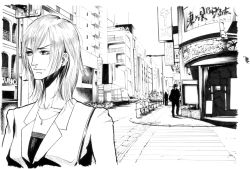 Rule 34 | 1boy, 1girl, business suit, cityscape, formal, greyscale, jewelry, monochrome, monochrome, nakamura ching, necklace, suit