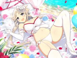 Rule 34 | 1girl, beach, blue flower, blush, bow, breasts, bridal lingerie, bridal veil, bride, brown hair, cleavage, collarbone, daisy, elbow gloves, falling petals, flower, gloves, grey eyes, hair ornament, high heels, highres, ibuki (senran kagura), lace, large breasts, leaf, lingerie, long hair, looking at viewer, low twintails, lying, navel, ocean, official alternate costume, official art, on back, open mouth, panties, petals, pillow, pink flower, red flower, sand, senran kagura, senran kagura new link, senran kagura new wave, shore, smile, solo, twintails, underwear, veil, yaegashi nan
