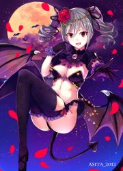 Rule 34 | 10s, 1girl, :d, artist name, ashita (2010), bad id, bad twitter id, bandeau, bat (animal), bat wings, beads, black footwear, black gloves, black thighhighs, breasts, brooch, cleavage, cross-laced footwear, demon girl, demon tail, drill hair, fangs, floating, flower, frilled thighhighs, frills, full moon, gloves, gothic lolita, hair between eyes, hair flower, hair ornament, hair ribbon, high heels, highleg, idolmaster, idolmaster cinderella girls, jewelry, kanzaki ranko, knees together feet apart, knees up, lolita fashion, long hair, looking at viewer, low wings, midriff, moon, navel, night, night sky, open mouth, outdoors, outstretched arm, petals, puffy short sleeves, puffy sleeves, purple flower, purple rose, red eyes, red flower, red rose, ribbon, rose, shoes, short sleeves, sideboob, silver hair, sitting, sky, smile, solo, star (sky), starry sky, strapless, tail, thighhighs, tube top, turtleneck, twin drills, twintails, wings