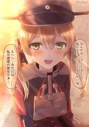 Rule 34 | 1girl, anchor hair ornament, blonde hair, cross, green eyes, hair ornament, hat, iron cross, kantai collection, looking at viewer, low twintails, military, military hat, military uniform, ootori (kyoya-ohtori), open mouth, peaked cap, prinz eugen (kancolle), solo, sunset, translation request, twintails, twitter username, uniform, upper body