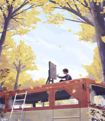 Rule 34 | 1boy, autumn, blue sky, canvas (object), ginkgo tree, highres, ladder, male focus, original, outdoors, painting (action), scenery, sky, taizo (taizo 03), tree