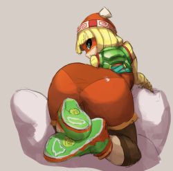 Rule 34 | 1girl, arms (game), ass, beanie, blonde hair, blunt bangs, capri pants, domino mask, from behind, green eyes, grey background, hat, highres, looking back, martin (tuxedopato), mask, min min (arms), nintendo, pants, pillow, shorts, smile, solo