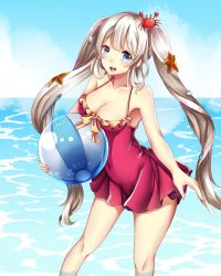 Rule 34 | 1girl, absurdres, alternate breast size, bad id, bad pixiv id, bare shoulders, blue eyes, blush, breasts, cleavage, covered navel, crab, fate/grand order, fate (series), frills, grey hair, hair ornament, highres, long hair, looking at viewer, marie antoinette (fate), marie antoinette (fate/grand order), marie antoinette (swimsuit caster) (fate), marie antoinette (swimsuit caster) (first ascension) (fate), medium breasts, navel, ocean, open mouth, ribbon, smile, solo, standing, swimsuit, twintails, water